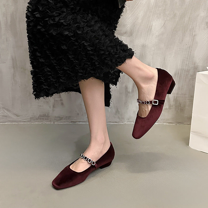 Femme Elegante Square-Toe Mary Jane Ballerinaer med dekorativ ankelrem Stilla