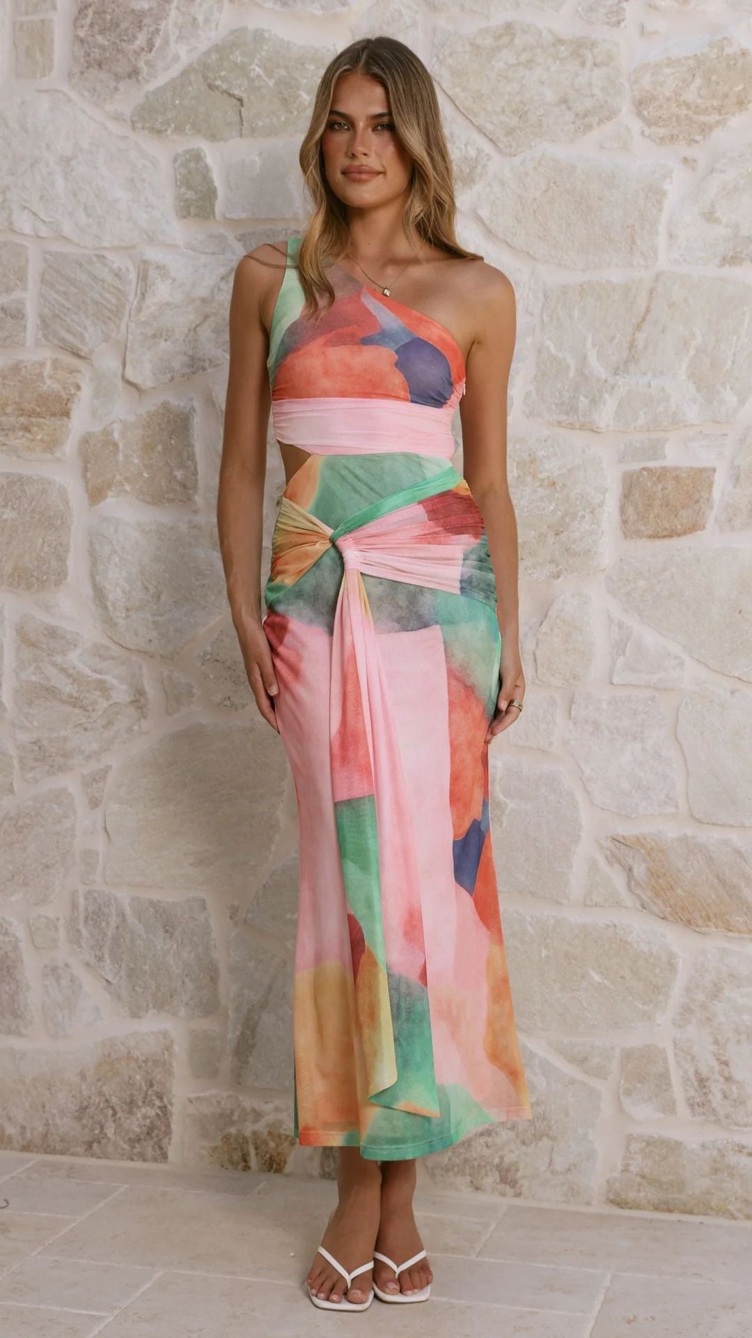 Women’s wrap maxi dress with asymmetric strap and floral accents Skovae