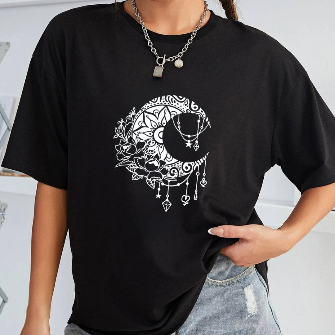 Dame afslappet T-shirt med kreativt månemønster Stilla