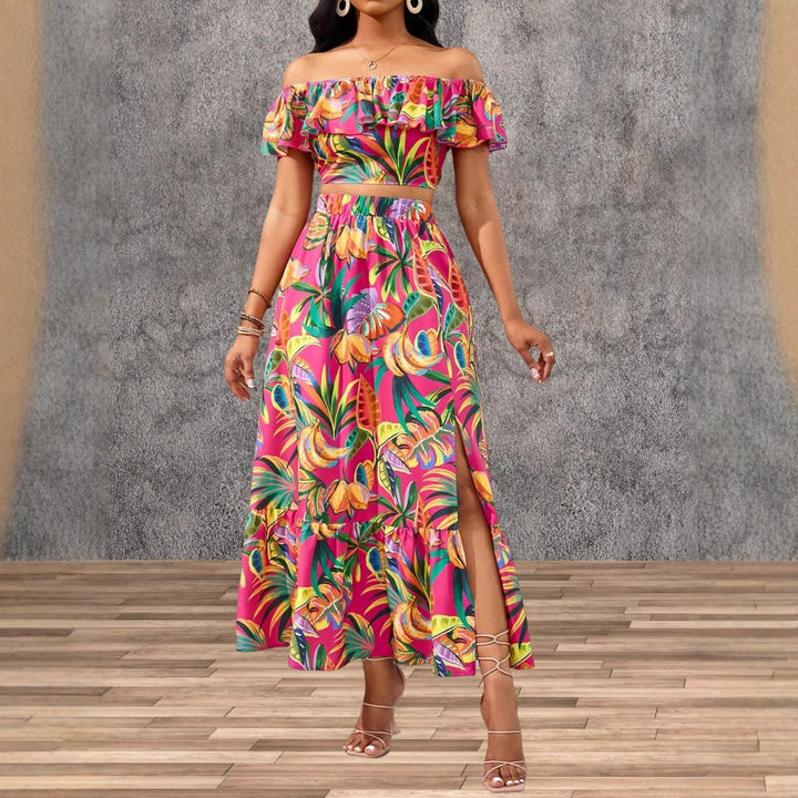 Dame Off-Shoulder Maxikjole med farverigt palmeprint Stilla