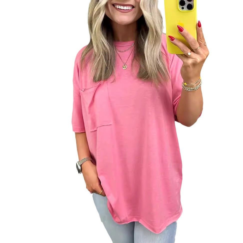 Dame behagelig oversized T-shirt med brystlomme i let stof Stilla