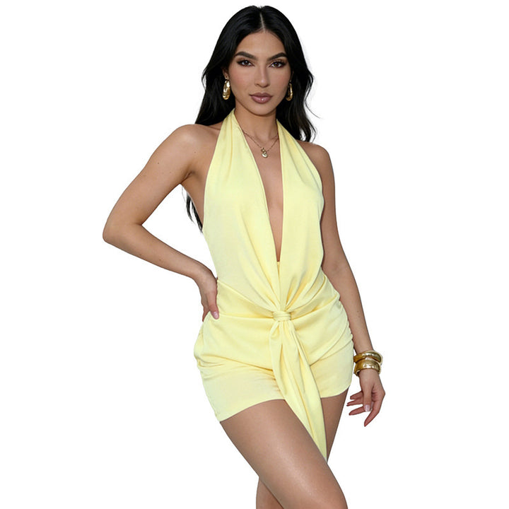 Damen Elegantes Wickel-Playuit mit tiefem V-Ausschnitt und schöner Taillenbindung Skovae