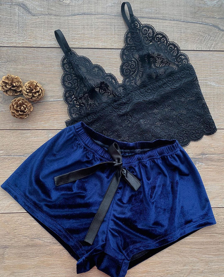Dame Spitze-Bralette og Velour-Shorts-Sæt Stilla