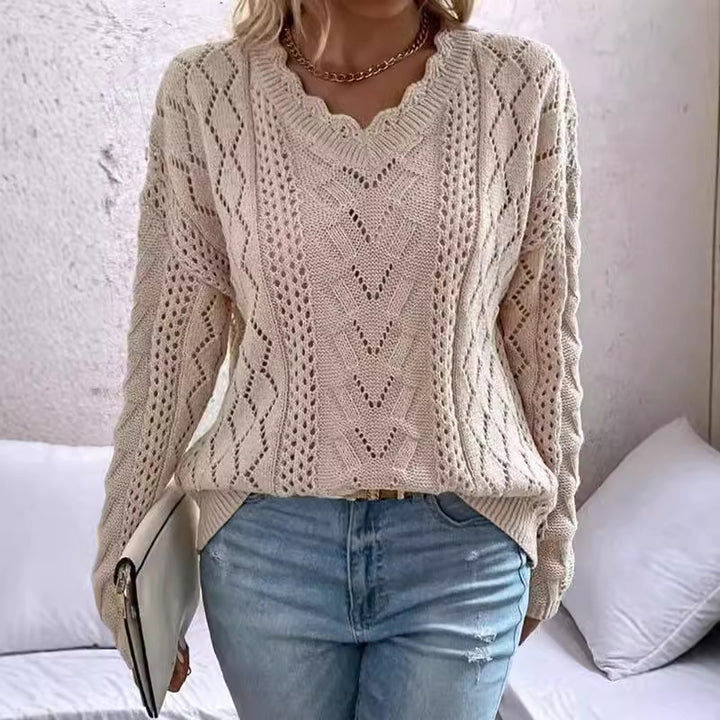 Dame strikket pullover med raffinerede mesh strukturer og V-hals Stilla