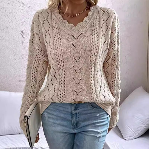 Dame strikket pullover med raffinerede mesh strukturer og V-hals Stilla
