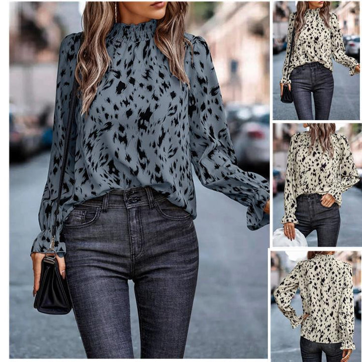 Dame Elegant Bluse med Rulle detaljer og dyretrykt Stilla