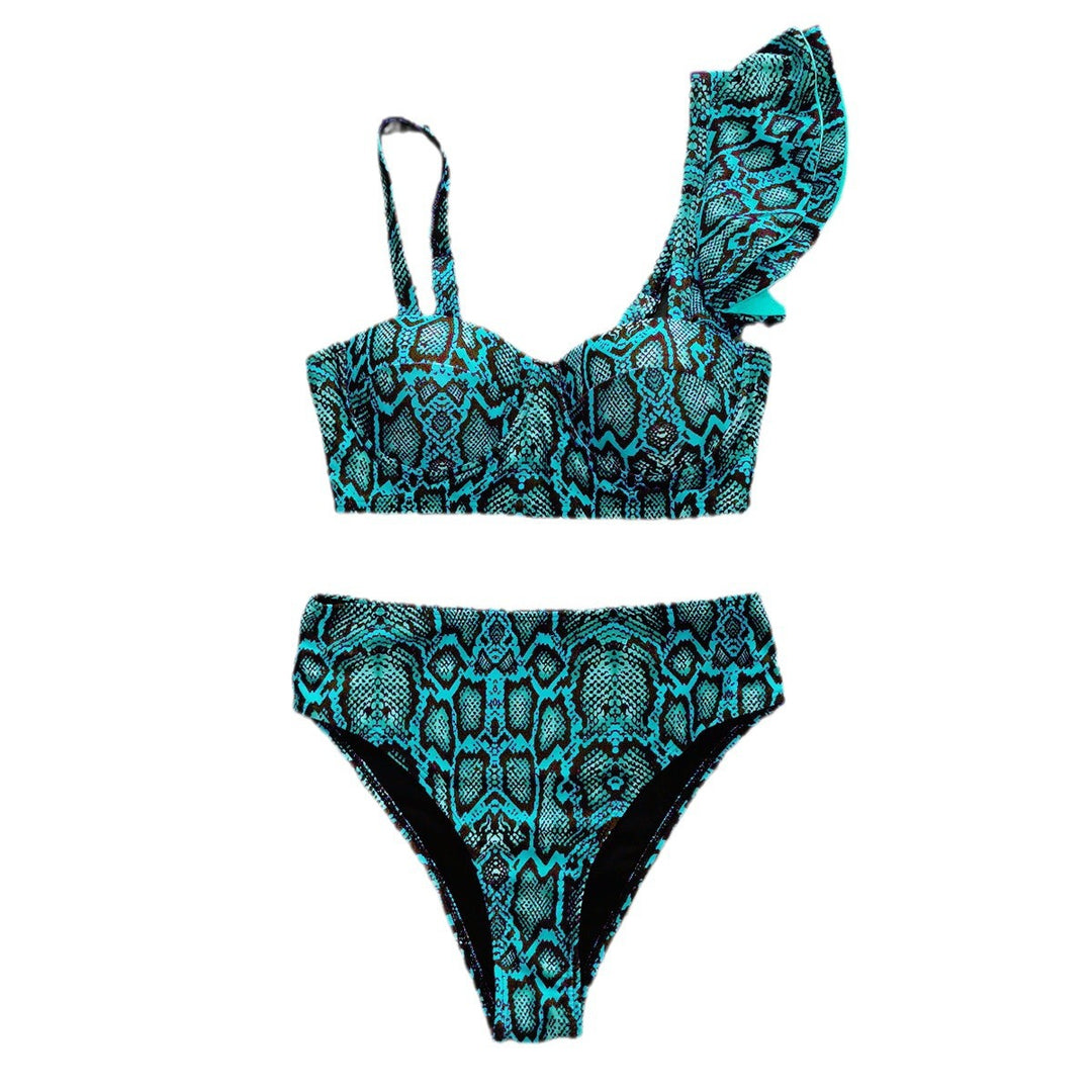 Dame bikini-sæt med legende volangdesign og trendy slangeskinds mønster Stilla