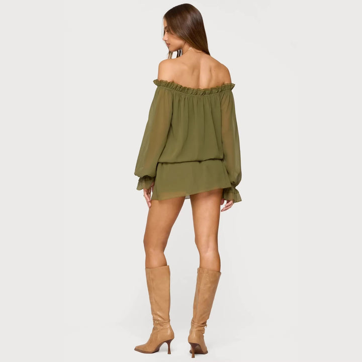 Dame Off-Shoulder Kjole med voluminøse Puffærmer og Flæsekant Skovae