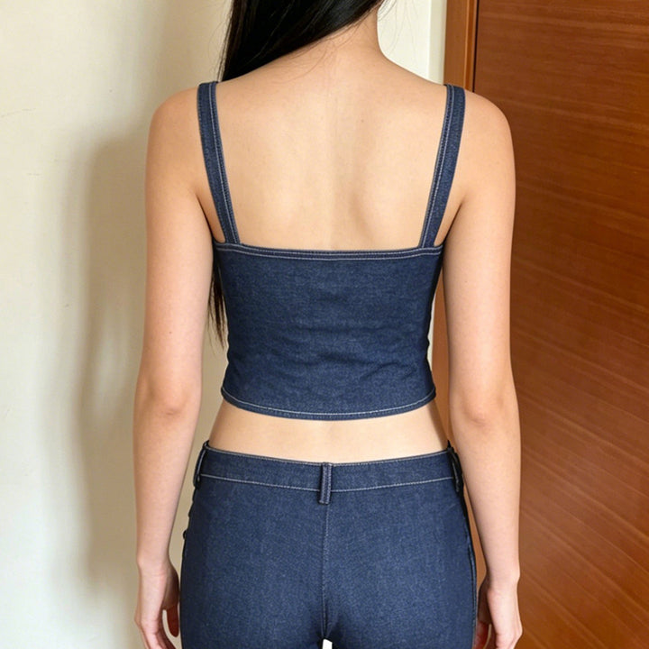Dame Denim Crop-Top med moderne snit og justerbare stropper Skovae