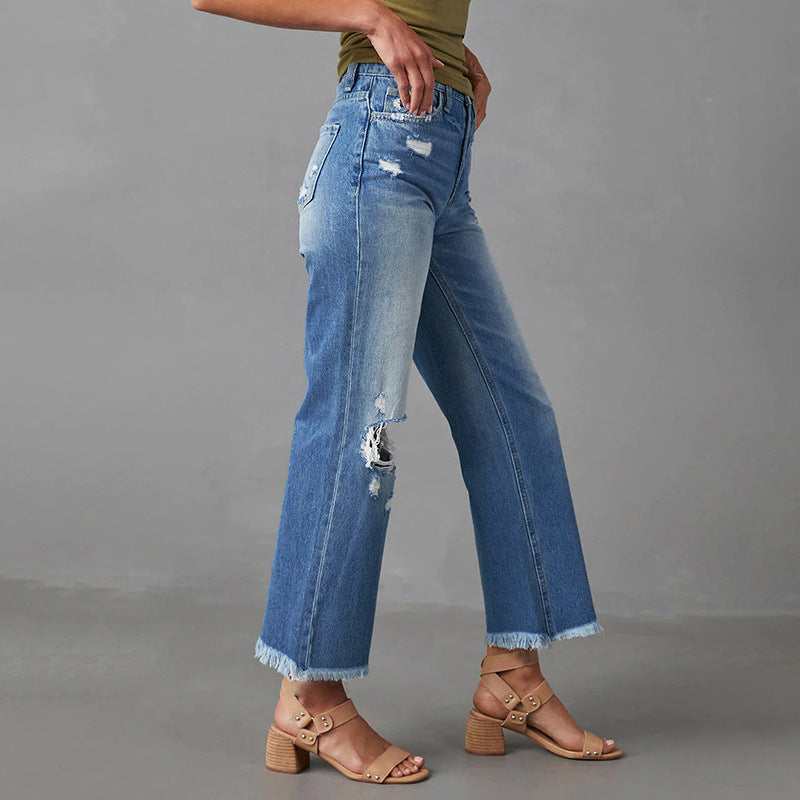 Dame High-Waist Jeans i Used-Look med frynser og revnedetaljer Stilla