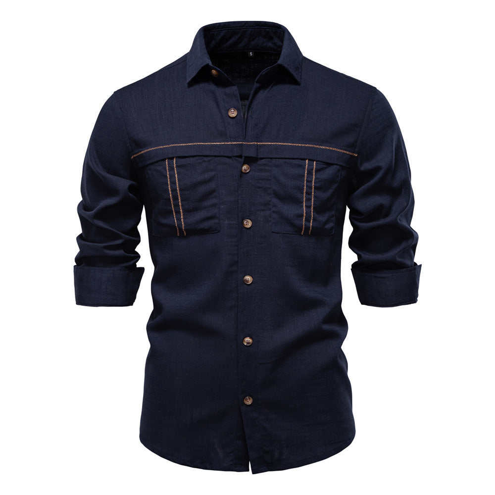 Herrer nan Workshirt i denimlook med dobbelte brystlommer og kontrastsyninger Skovae