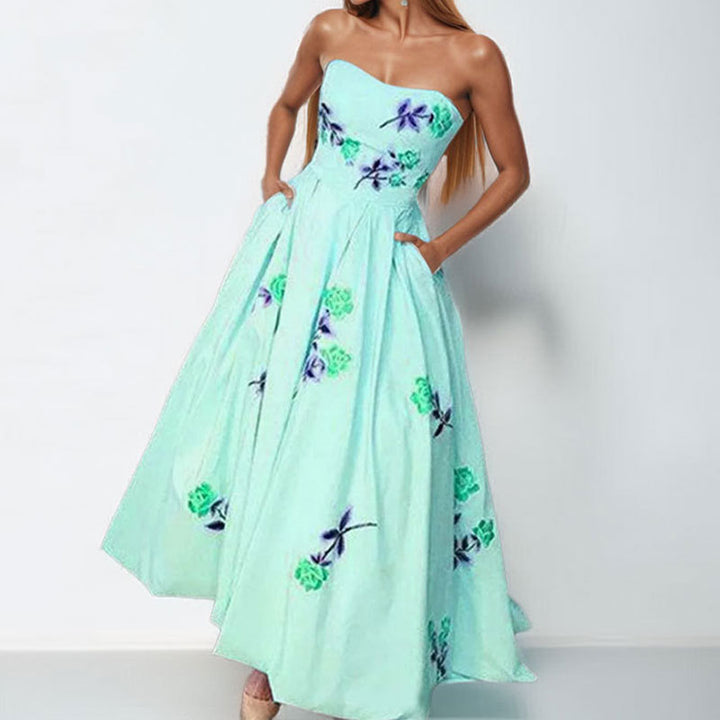 Damer Elegant Strapless Maxi Kjole med Blomsterdesign og Sidelommer Stilla