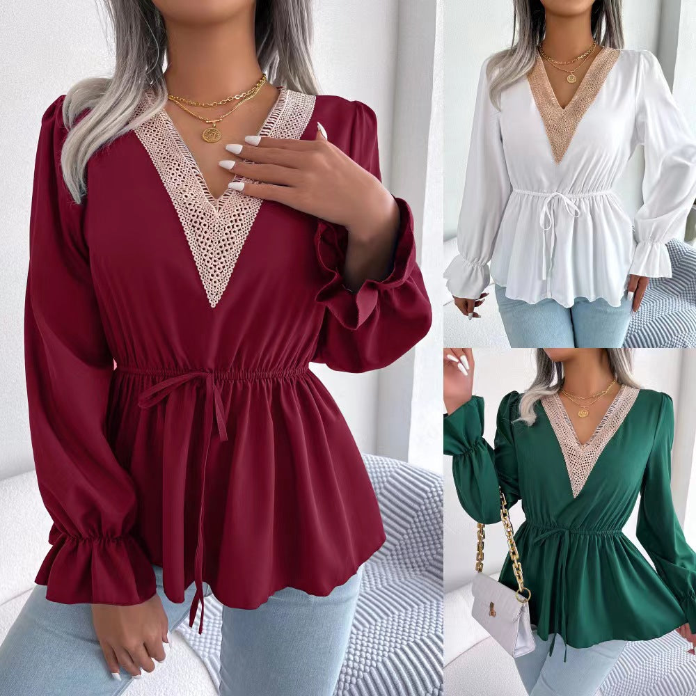 Dame elegant V-hals bluse med flæseærmer Stilla