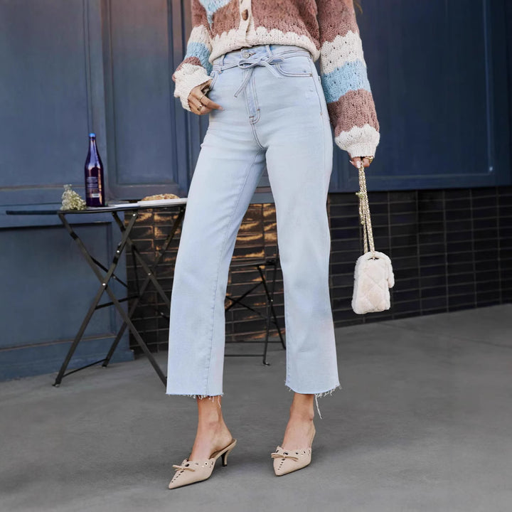 Dame Højtskårne Straight-Leg Jeans med frynsede kanter og bælte Stilla