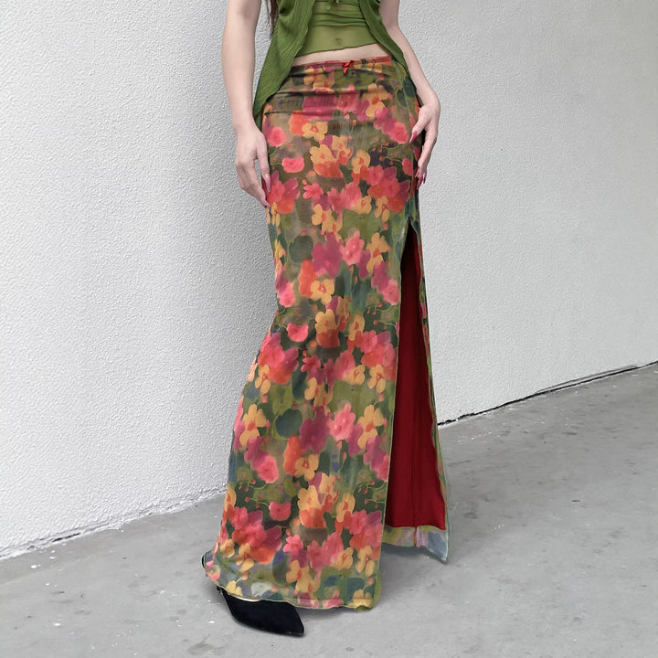 Dame Maxi-nederdel med blomster Chiffon-design og sidelæg Skovae