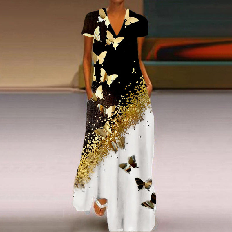 Stilla | Chic Butterfly Print V-hals Korte Ærmer Kjole