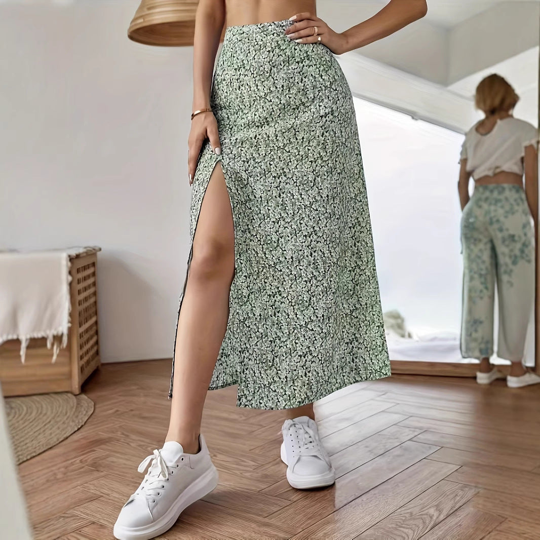 Dame Elegant Midiskirt med sidelids og blomsterprint Stilla