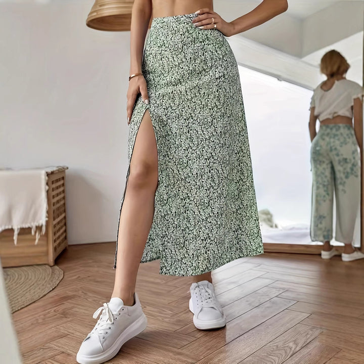 Dame Elegant Midiskirt med sidelids og blomsterprint Stilla