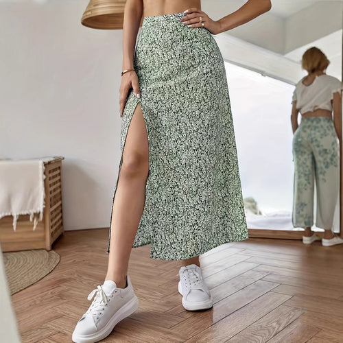 Dame Elegant Midiskirt med sidelids og blomsterprint Stilla