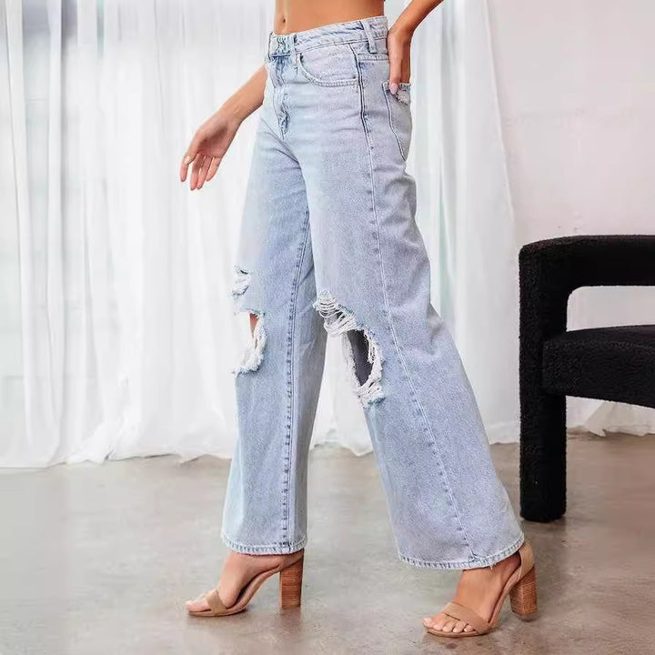 Dame brede jeans med iøjnefaldende huller og trendy design Stilla