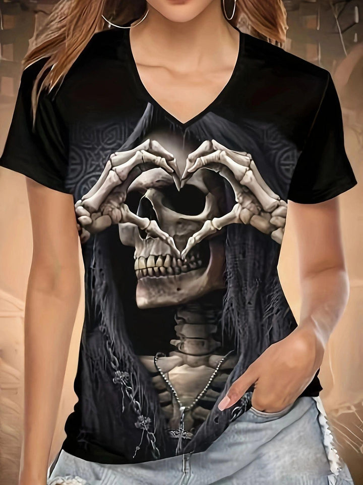 Dame T-shirt med kreativt skeletmotiv og V-udskæring Stilla