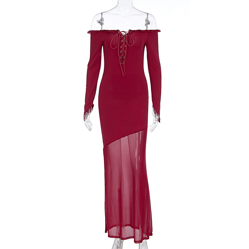 Dame figurtilpasset Maxikjole med Off-Shoulder Design og gennemsigtig Nederdel Skovae