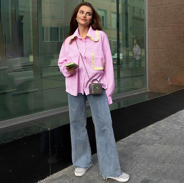 Dame Oversized Skjorte med dekorative Rynkedetaljer og moderne Snit Stilla