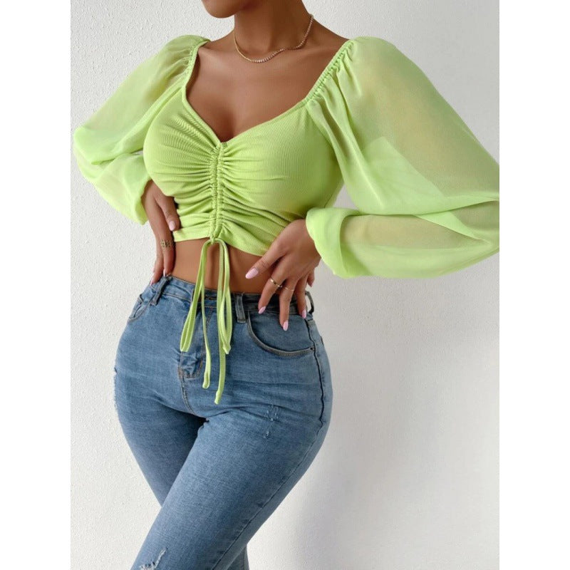 Dame Elegant Crop-top med puffede ærmer og snøremuligheder Stilla