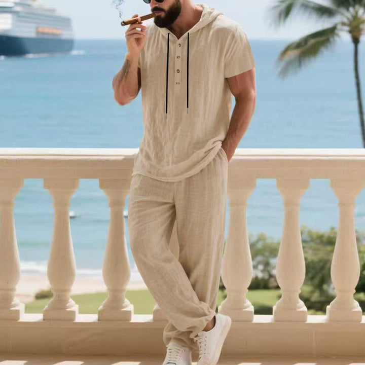 Herre afslappet kortærmet bukse-sæt med hætte og praktiske knapper Stilla