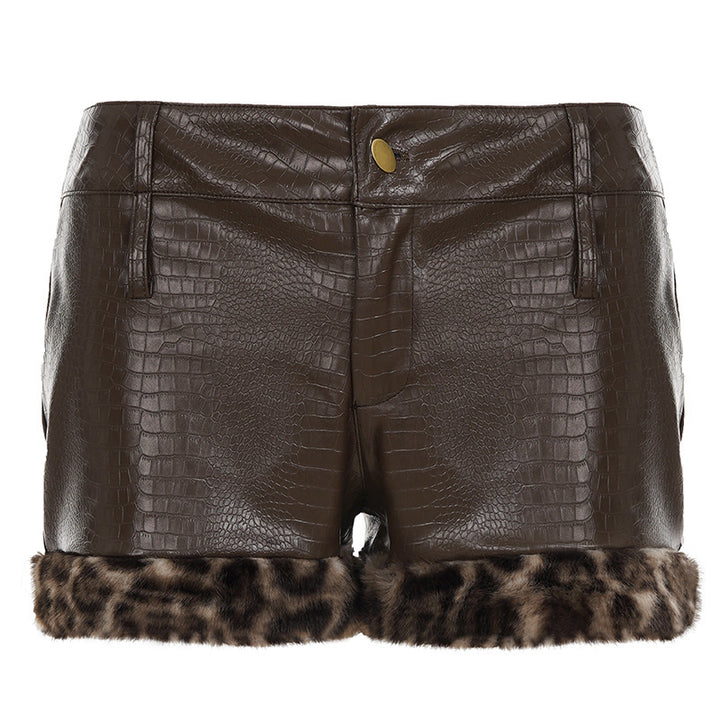 Dame læder-shorts med leoparddetaljer Skovae