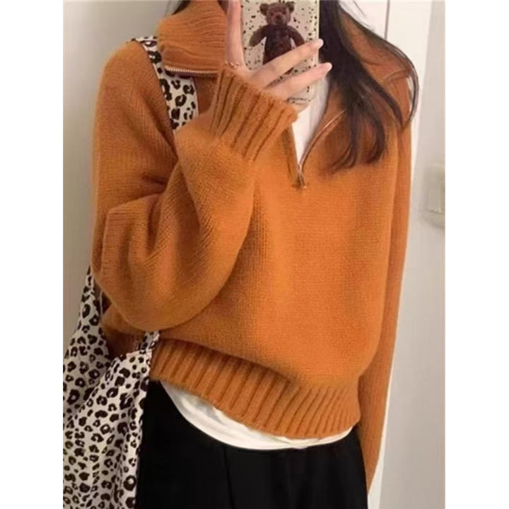 Kvindernes hyggelige strikkede sweater med høj krave og lynlås