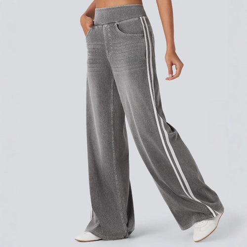 Dame nan brede Sweatpant i jeanslook med sidelange kontraststriber og komfortbånd Skovae