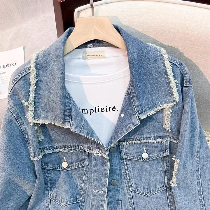 Dame mode denimjakke med frynset detaljer Stilla