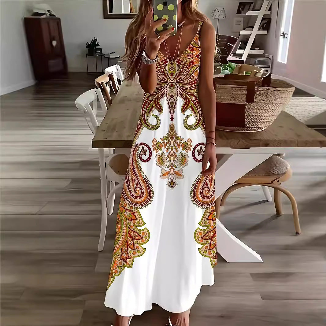 Dame Maxikjole med blomster paisley-design og spaghetti-stropper Stilla
