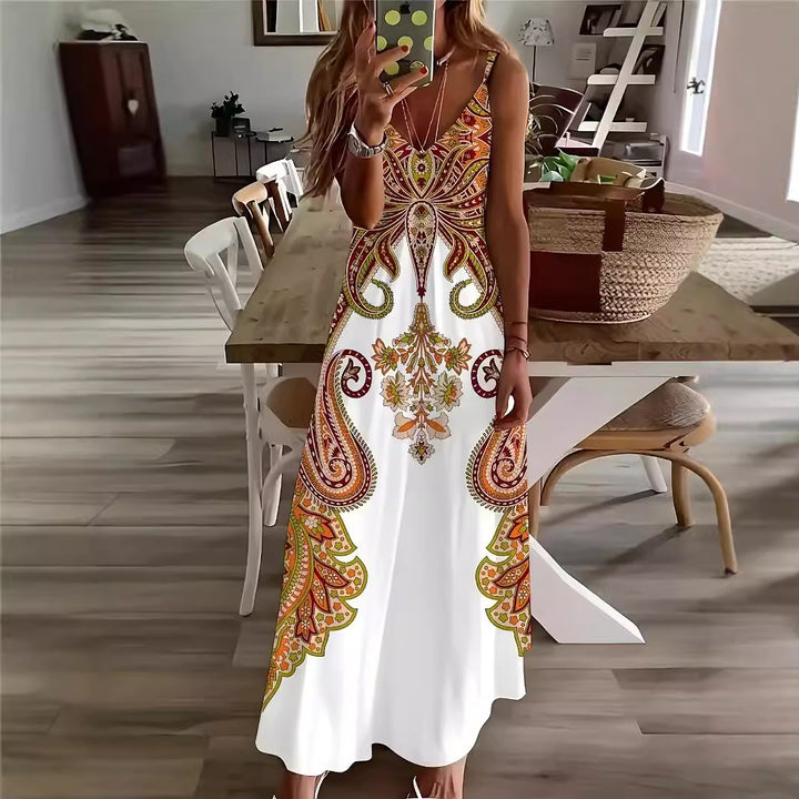 Dame Maxikjole med blomster paisley-design og spaghetti-stropper Stilla