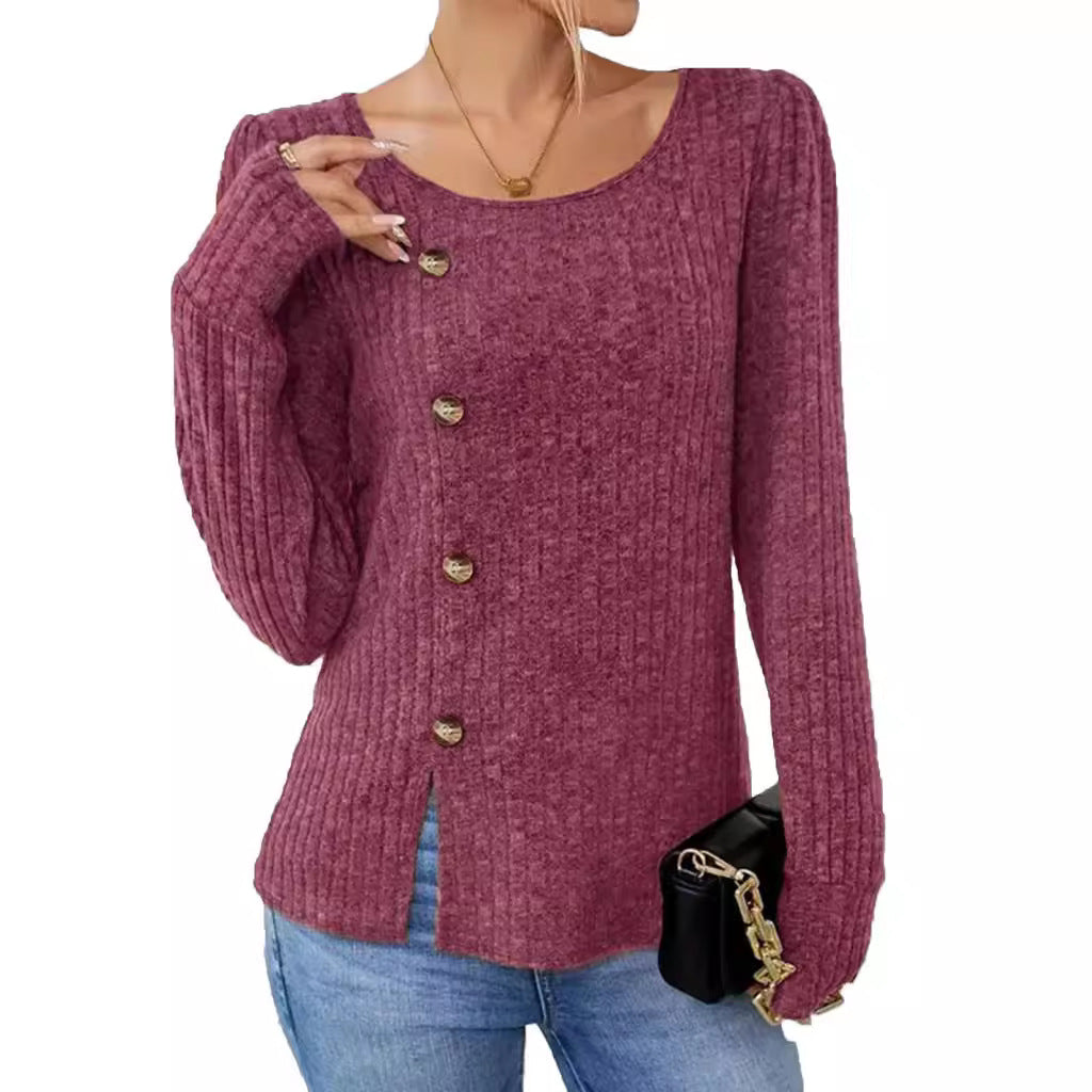 Dame finstrikket pullover med knaplukning og sidelommer Stilla