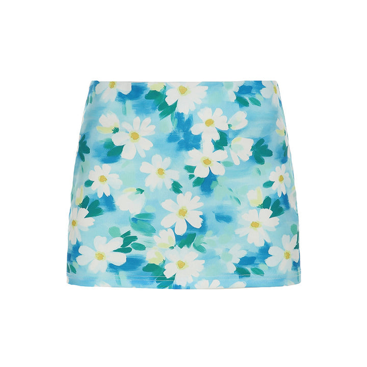 Dame mini nederdel med blomsterdesign og elastisk talje Skovae