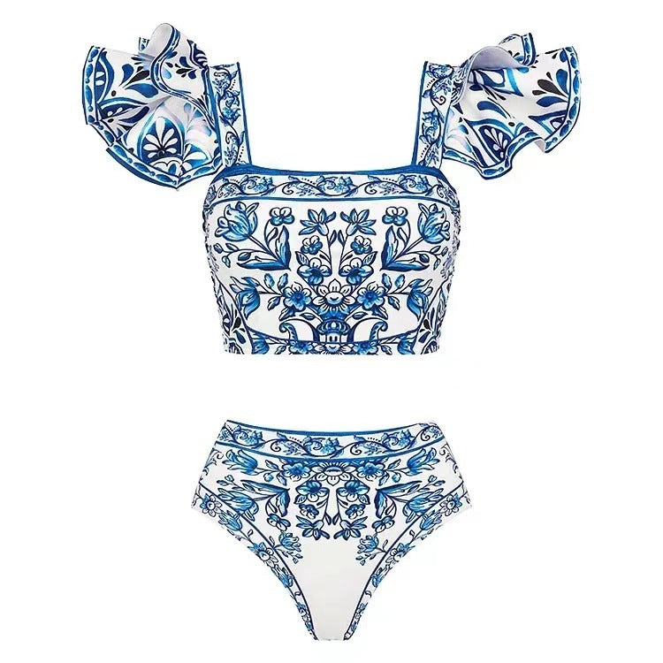 Femme Elegante To-delt Badetøjs Sæt med Ruffle Top og Højtaljet Nederdel Stilla