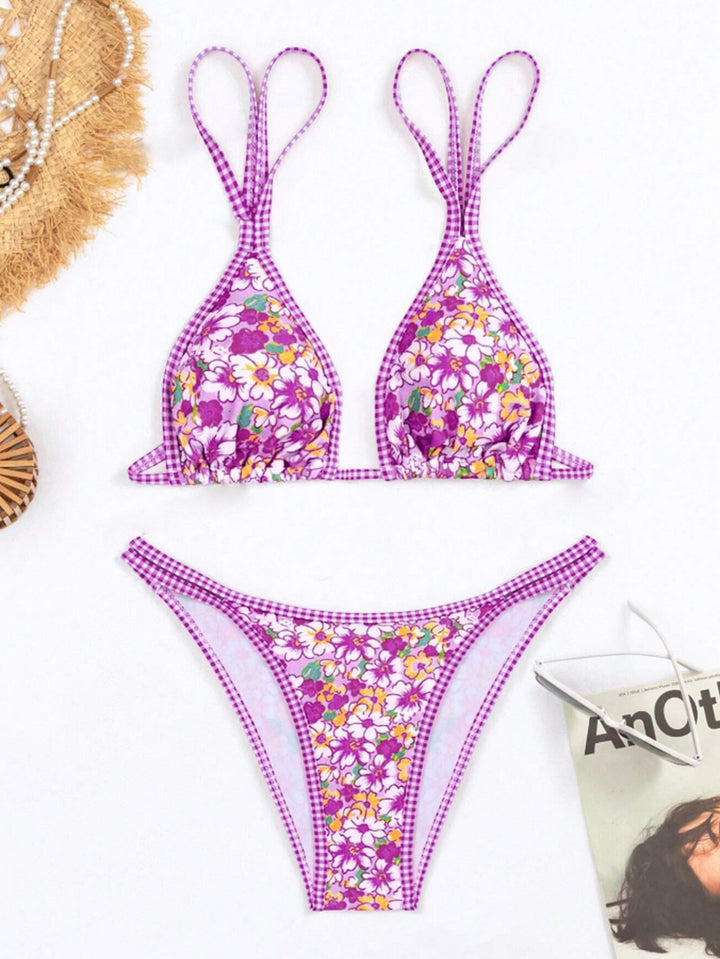 Dame bikini-sæt med blomstret design og ternet top Stilla