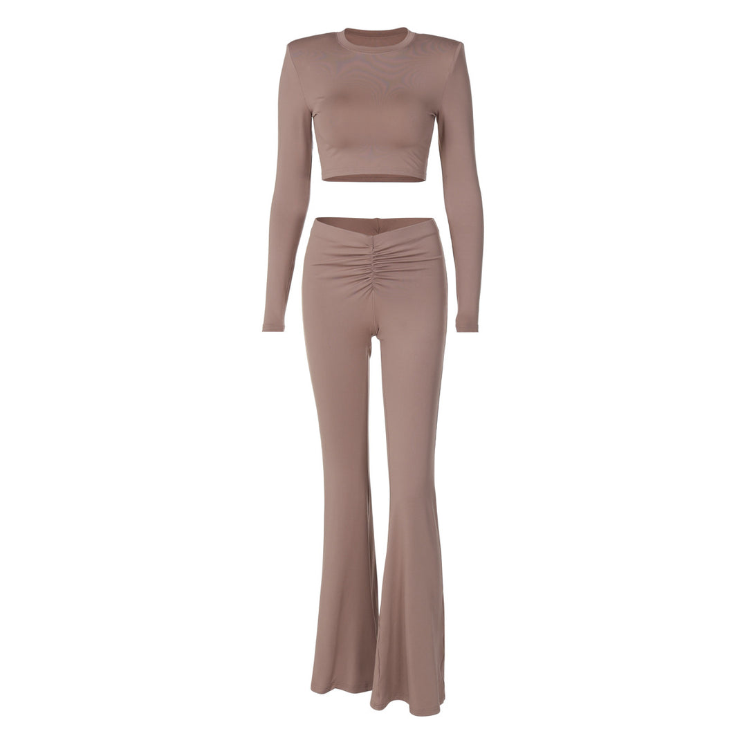 Dame Crop-Top og Flared Bukser Sæt med elastisk materiale og raffineret rynkning Stilla
