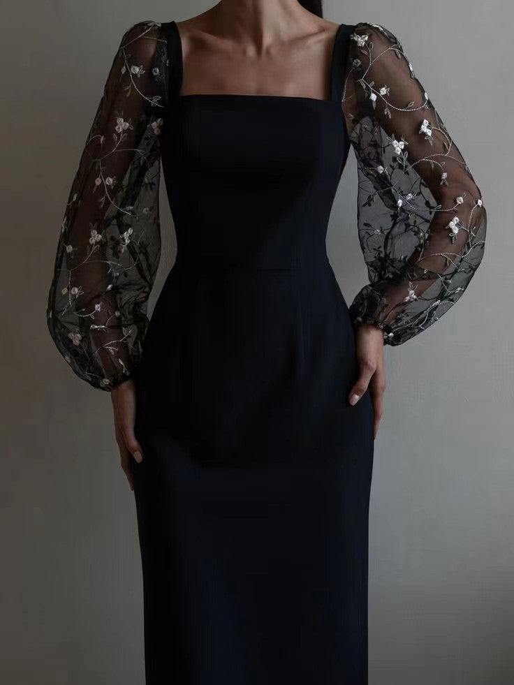 Dame Elegant aftenkjole med gennemsigtige, broderede ærmer Stilla