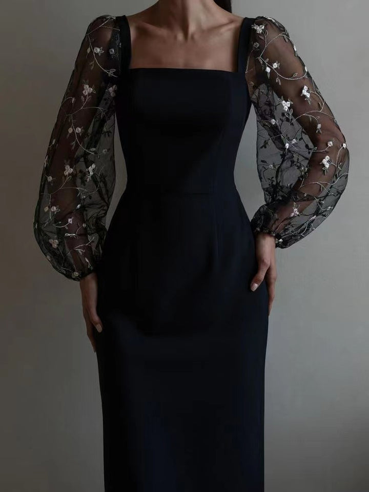 Dame Elegant aftenkjole med gennemsigtige, broderede ærmer Stilla