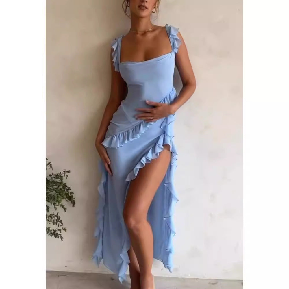 Kvinder Elegant Maxi Kjole med Ruffles Lag og Dyb V-Hals Skovae