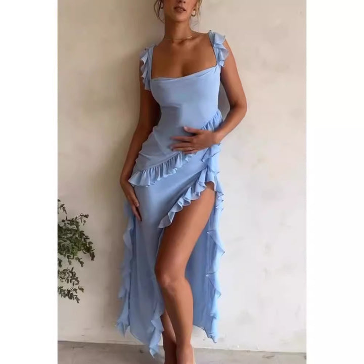 Kvinder Elegant Maxi Kjole med Ruffles Lag og Dyb V-Hals Skovae
