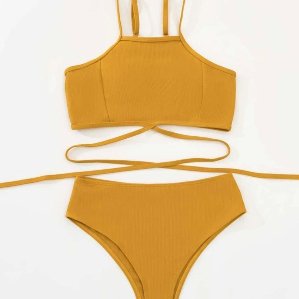 Dame ribbet crop top og højt skårne bikiniunderdel sæt Stilla