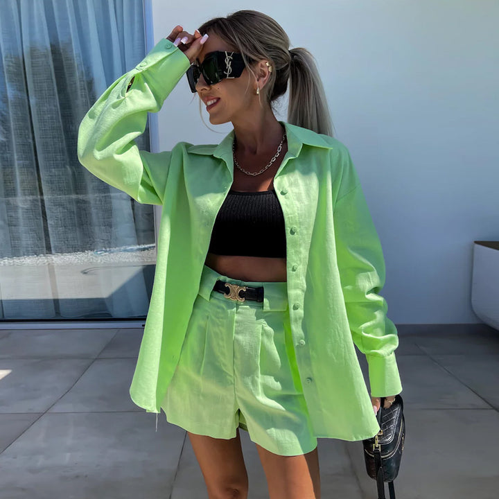 Dame Casual todelt kjole sæt med oversized skjorte og shorts Stilla