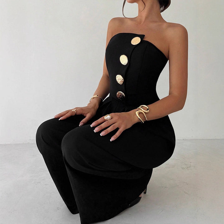 Dame Elegant Jumpsuit med asymmetrisk udskæring og dekorative knapper Skovae