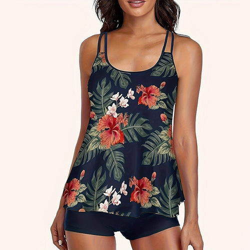 Dame sportsligt tankini-sæt med blomsterdesign og shorts Skovae