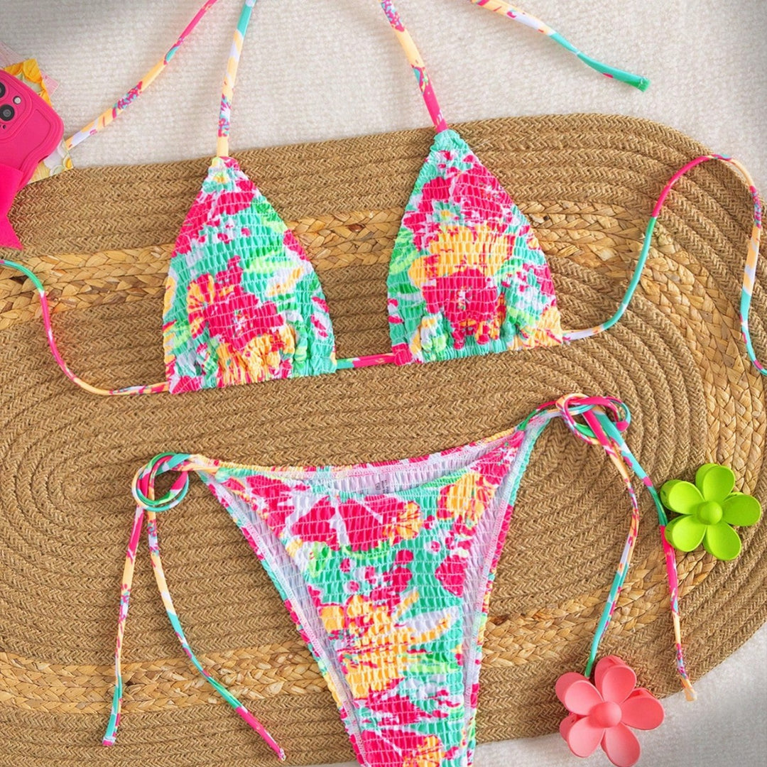Dame trekant-bikini med farverigt blomsterprint og justerbar snor