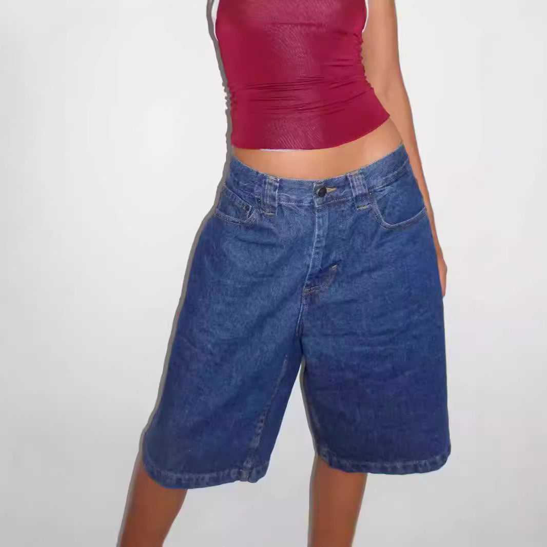 Dame afslappede Denim-shorts med bred pasform og høje sidelommer Skovae